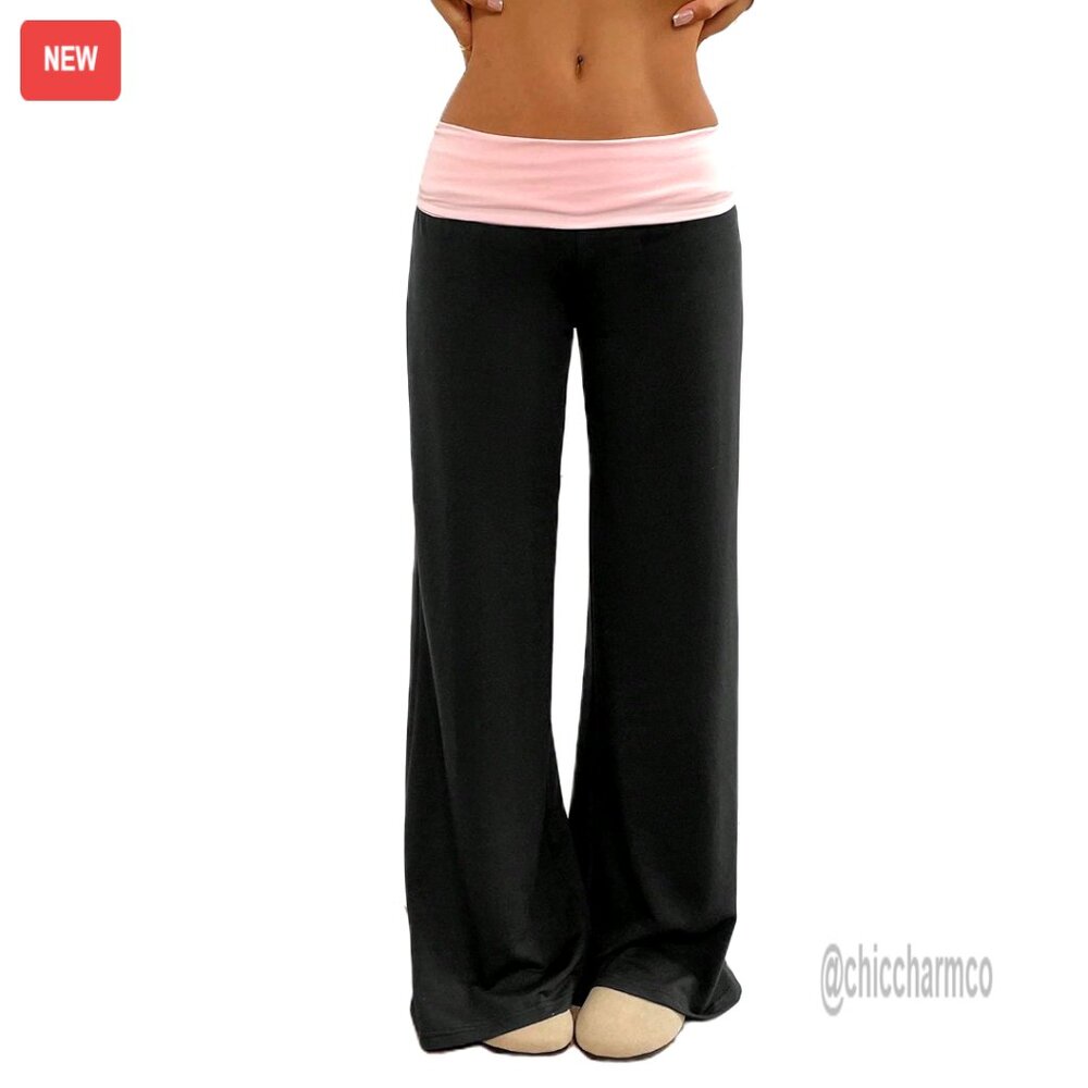Women's Fold Over Yoga Pants Wide Leg Flare Lounge Sweatpants Low Rise